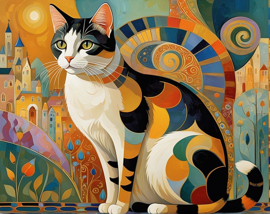 Colorful Cat Illustration with Whimsical Background