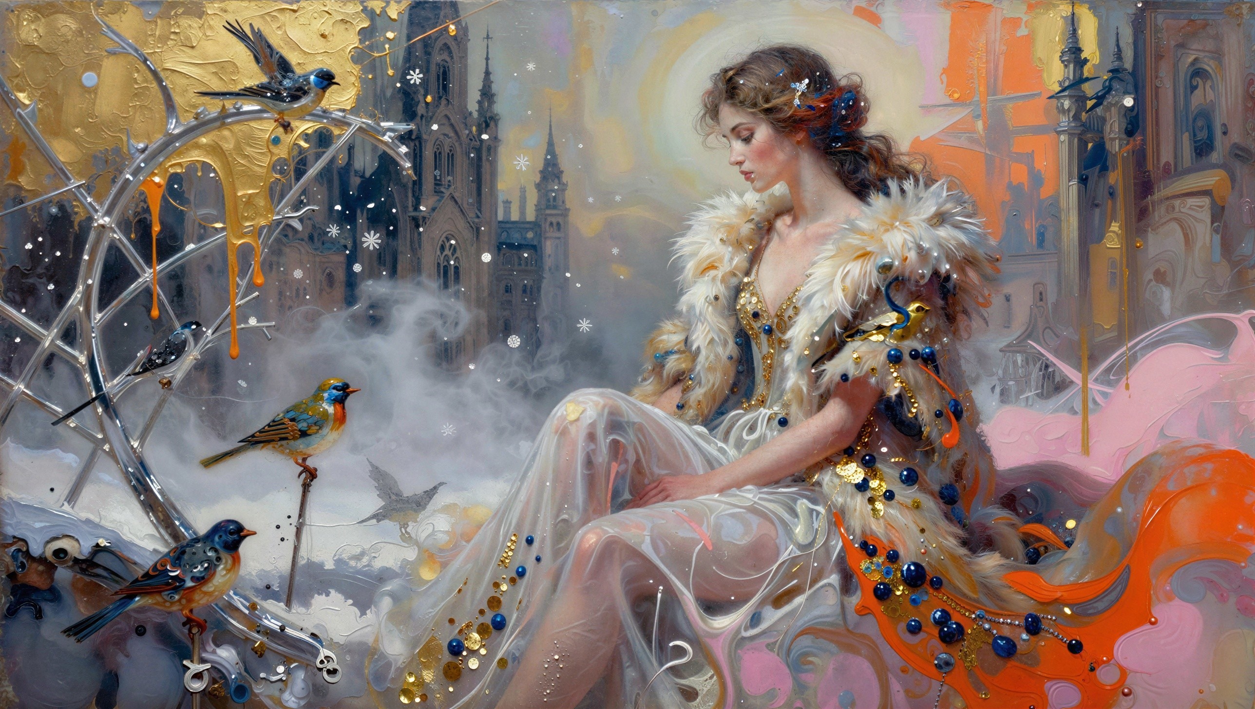 Digital painting of a woman in a floral gown