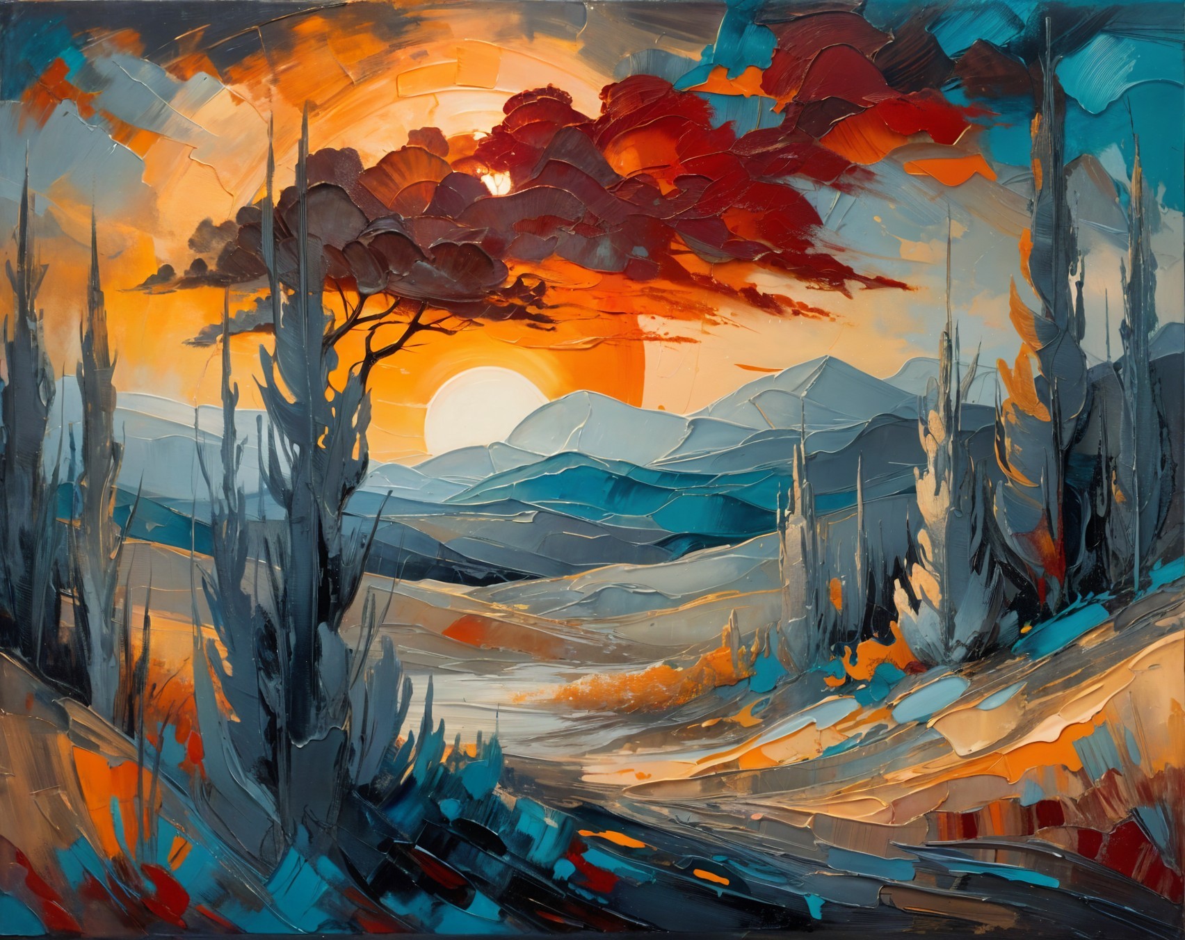 Vibrant Sunset Landscape with Silhouetted Mountains