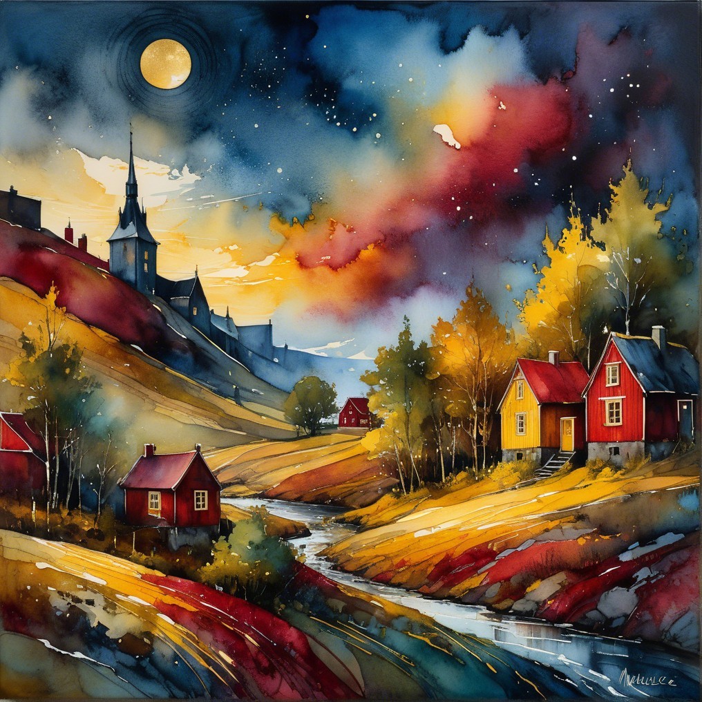 Serene Countryside Landscape at Twilight with Stars