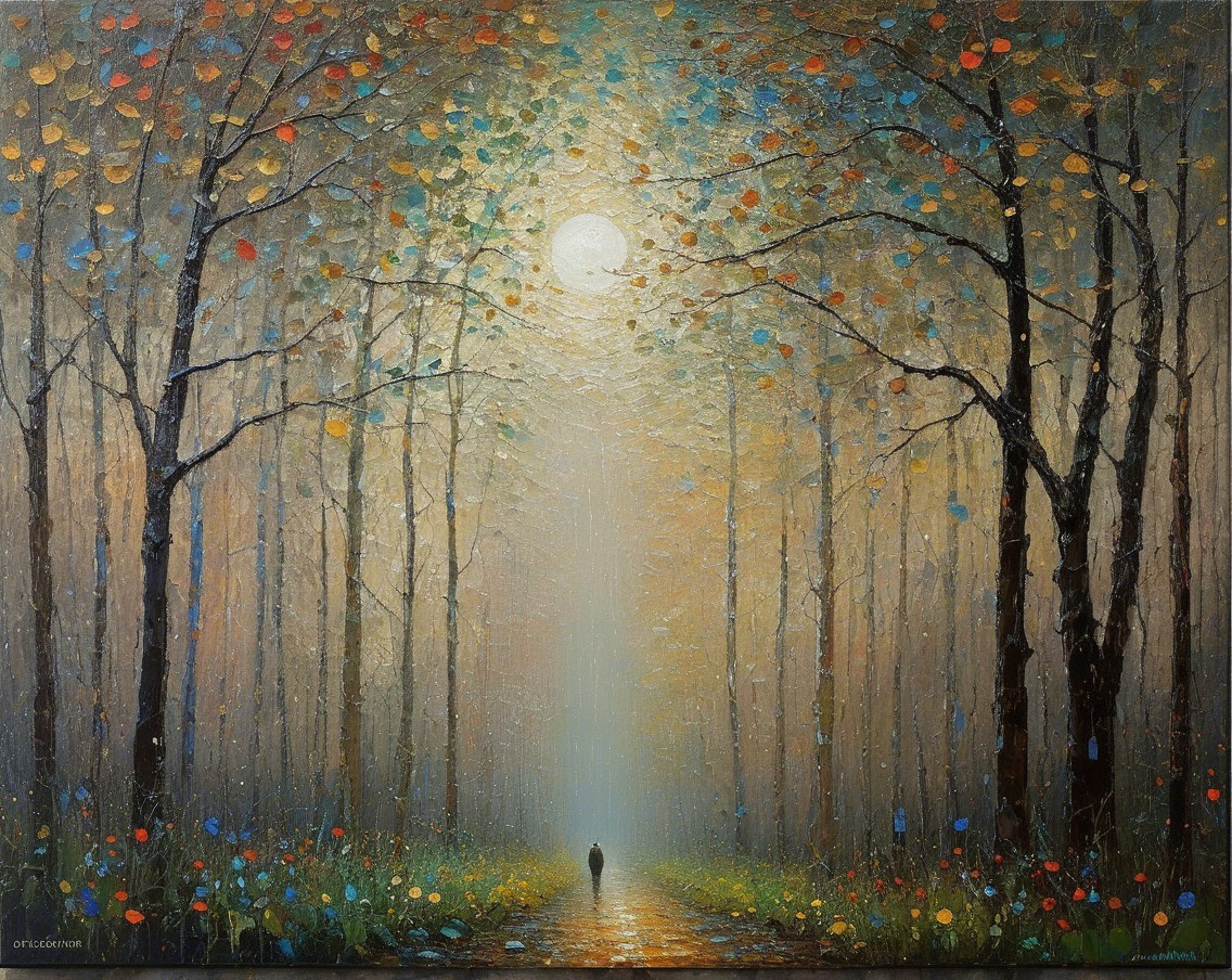 Serene forest path illuminated by a glowing moon