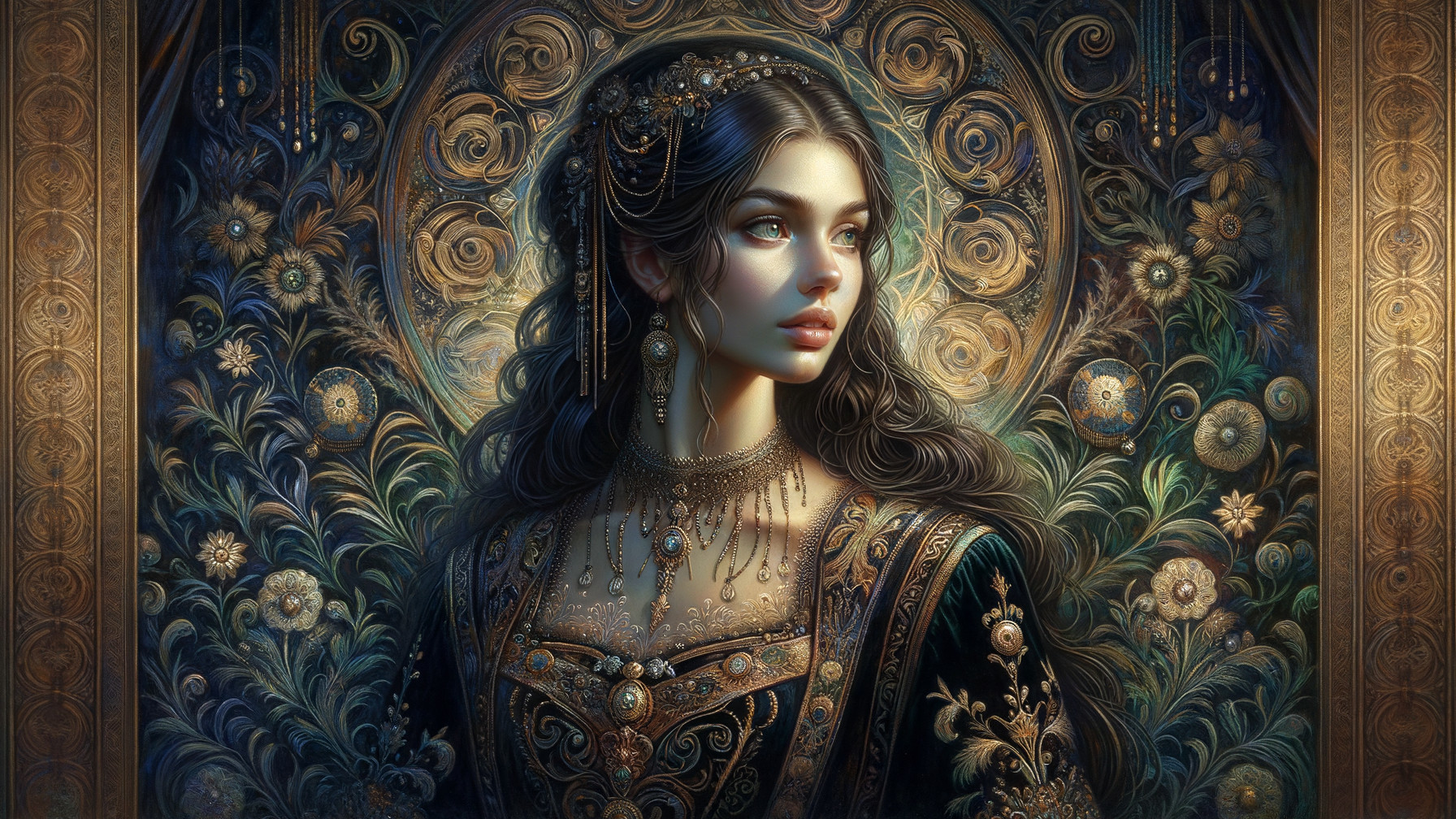 Detailed portrait of a woman in ornate dress and jewelry