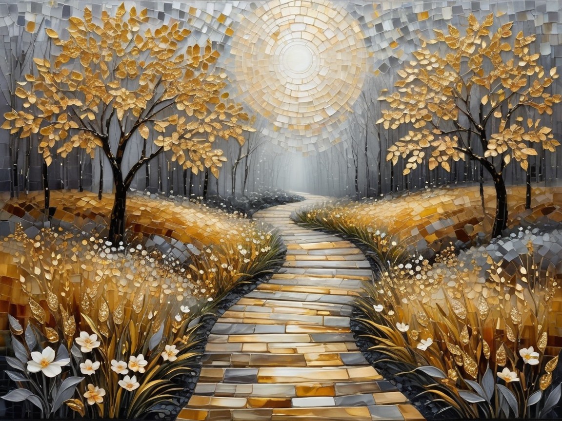 Tranquil Forest Path with Golden Leaves and Flowers