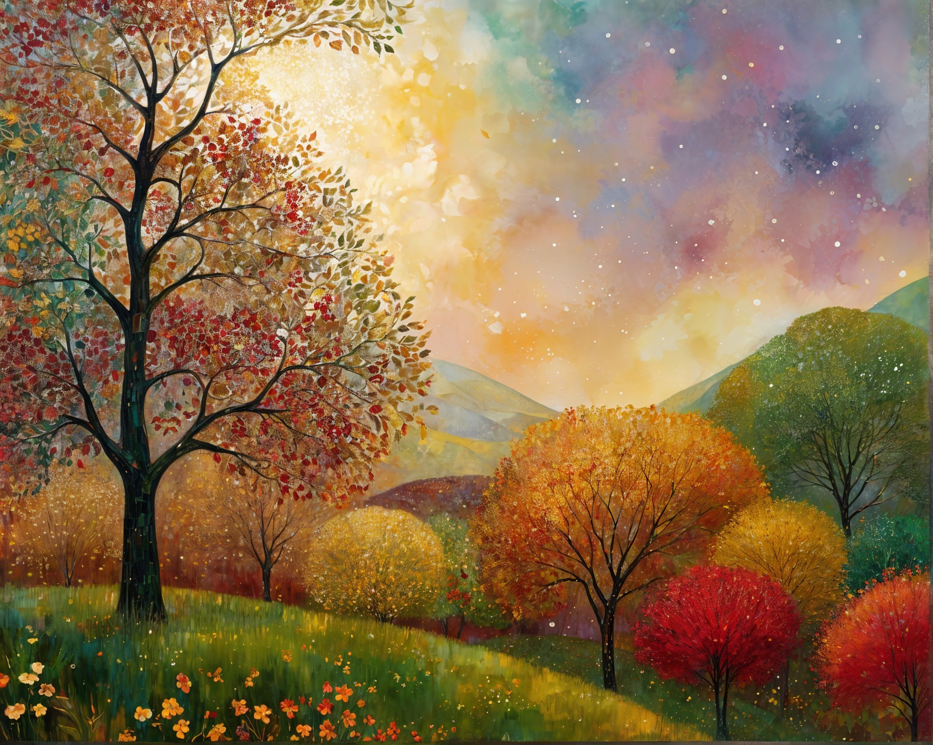 Autumn Landscape with Colorful Trees and Hills