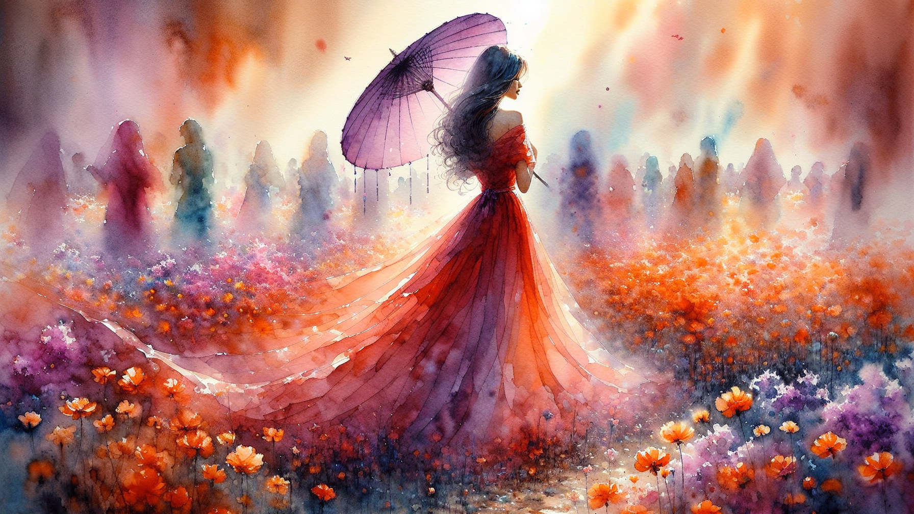 Watercolor Scene of a Figure in a Red Dress