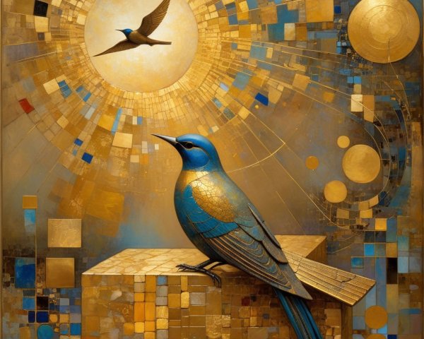 Vibrant Blue Bird on Geometric Structure with Sunlight