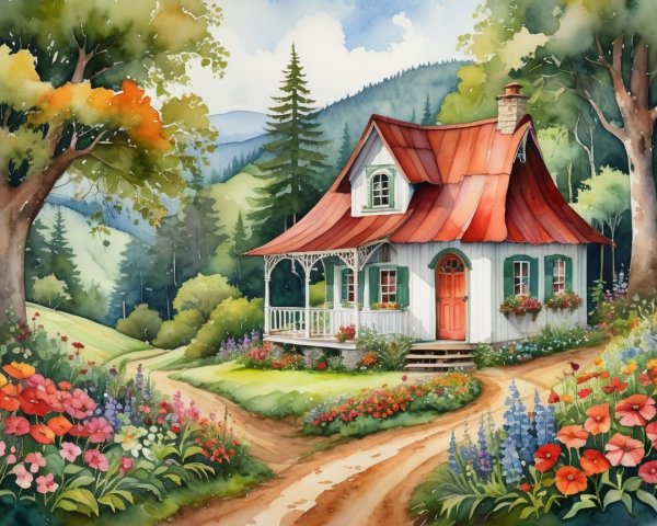 Charming Cottage with Red Roof in Lush Countryside