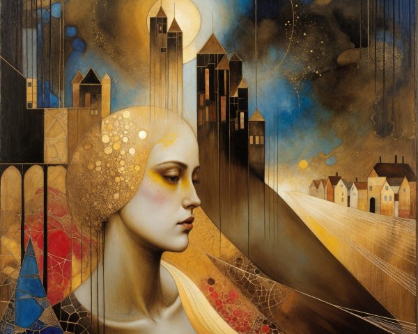 Serene Female Figure with Abstract Buildings and Moon