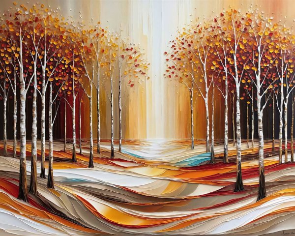 Impasto Oil Painting of Autumn Birch Forest
