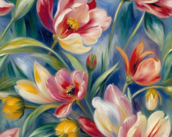Vibrant Canvas of Blooming Tulips on Blue Background