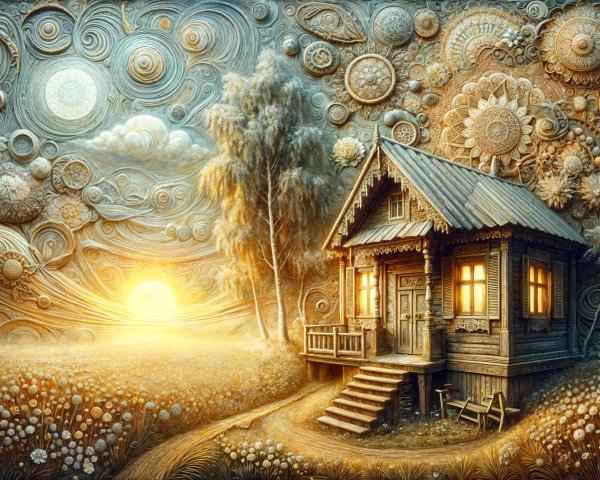 Wooden House in Vibrant Field at Sunset