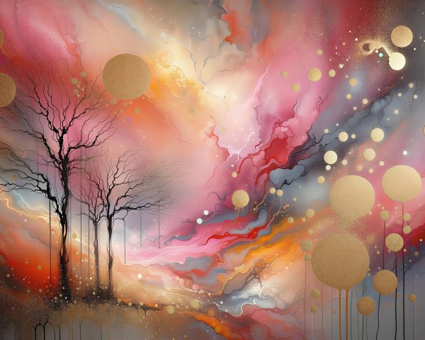 Abstract Painting with Colorful Swirls and Trees