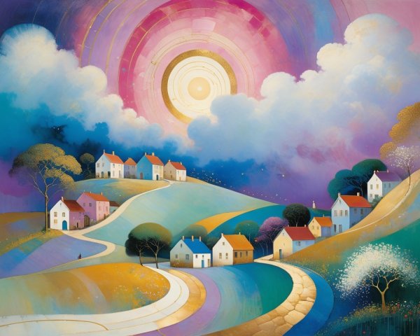 Vibrant Landscape with Rolling Hills and Quaint Houses