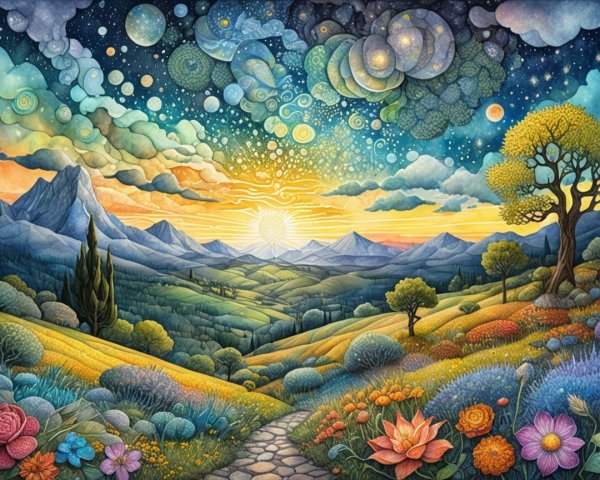 Vibrant Landscape with Rolling Hills and Cosmic Sky