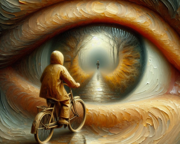 Giant Eye Over Cyclist in Foggy Serene Landscape