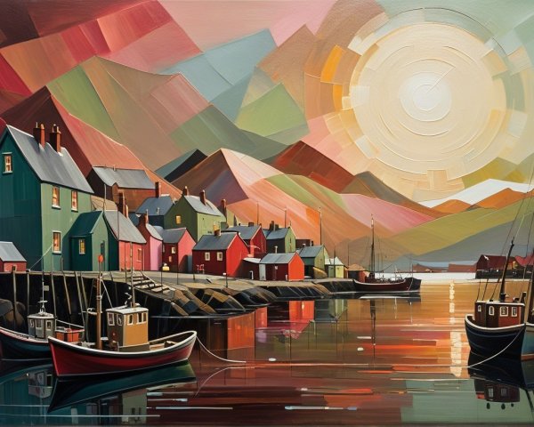 Vibrant Harbor Scene with Colorful Houses and Mountains