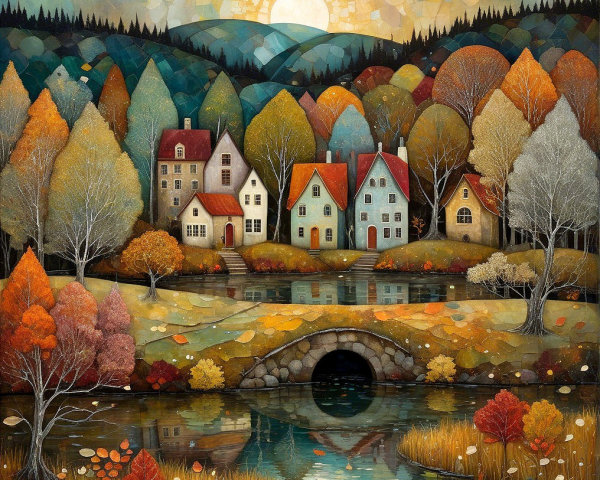 Serene Autumn Landscape with Village and Stream