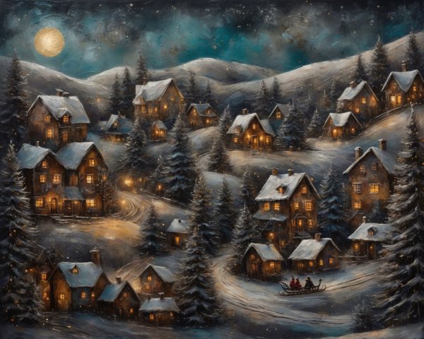 Snowy Mountain Village at Night with Rustic Houses