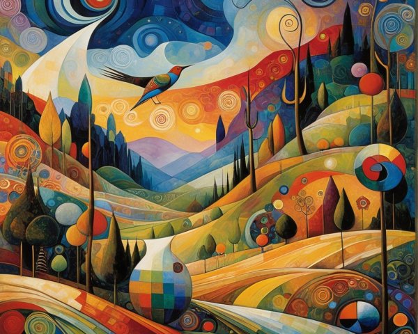 Vibrant Abstract Landscape with Swirling Colors and Shapes