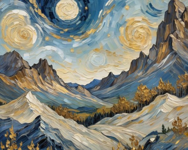 Landscape Painting of Mountains and Night Sky
