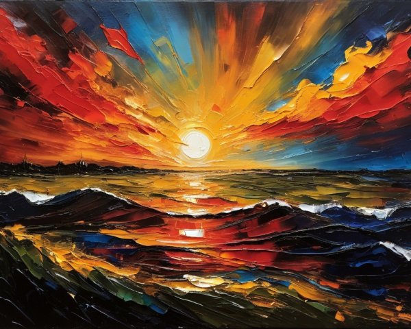 Vibrant Seascape with Dramatic Sunset and Waves
