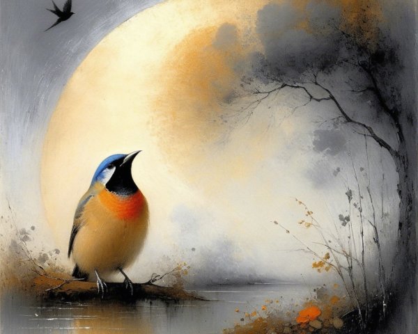 Colorful Bird by Calm Water Under Glowing Moon