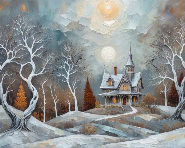 Impressionistic Winter Landscape with Victorian House