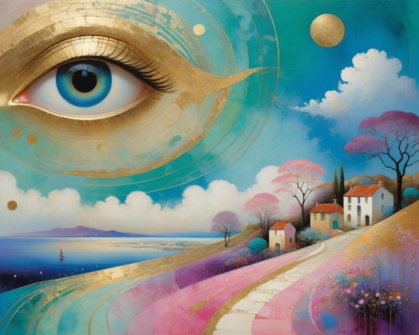 Vibrant Landscape with Stylized Eye and Cottages