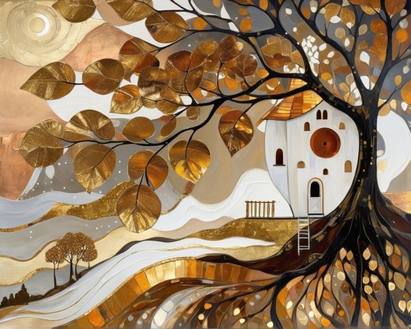 Whimsical Tree and Abstract House in Serene Landscape