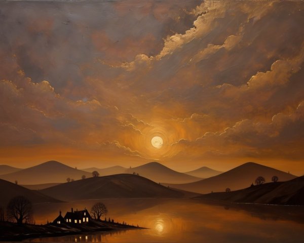 Tranquil Lake at Sunset with Rolling Hills and House