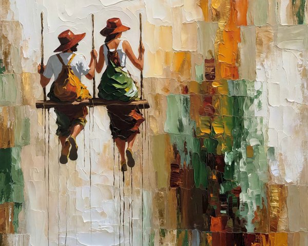 Oil Painting of a Couple on a Wooden Swing