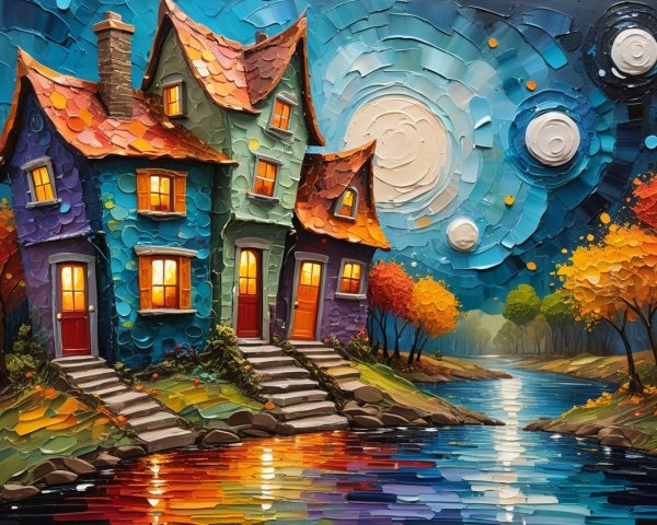 Impasto Painting of Colorful Houses by a Riverbank