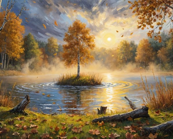 Autumn Landscape with Lake and Birch Trees