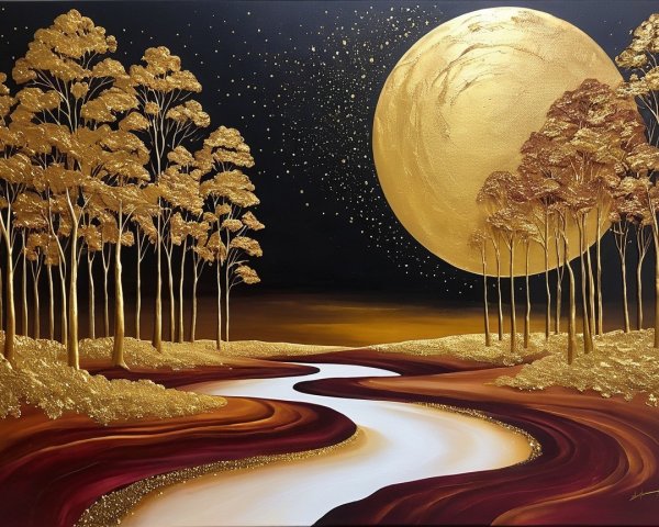 Serene Landscape with River and Golden Trees at Night