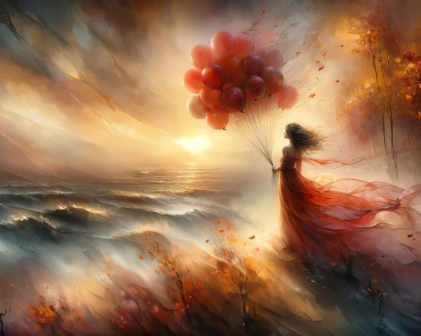 Figure in Red Dress by Tumultuous Sea at Sunset