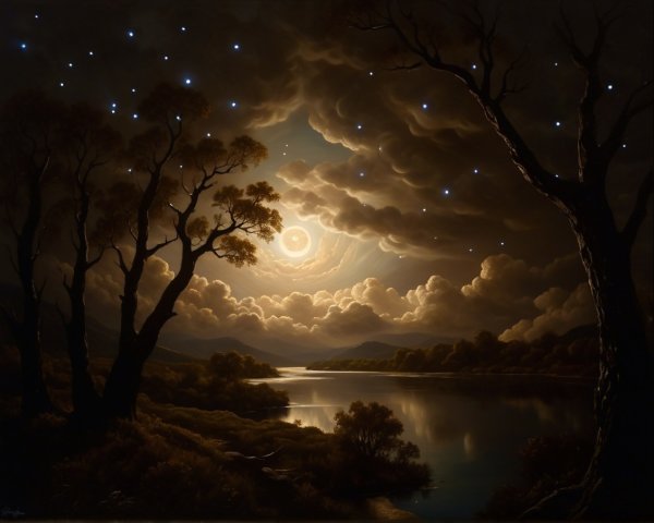 Moonlit Landscape with River and Silhouetted Trees