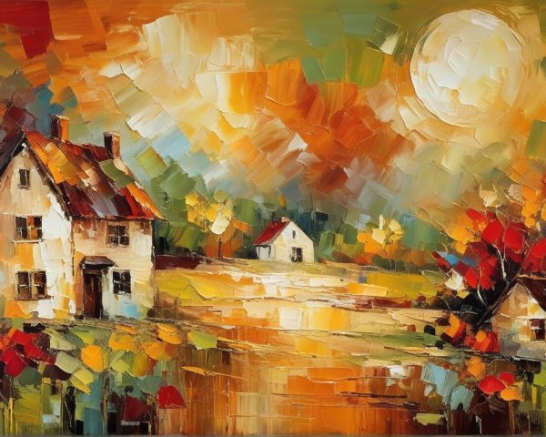 Vibrant Autumn Landscape with Charming Houses and Trees