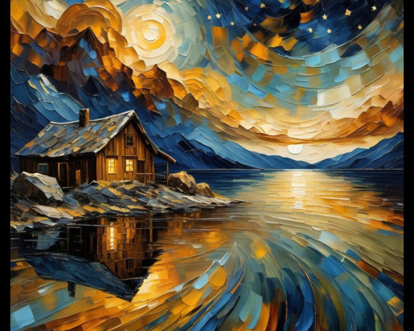 Lakeside Cabin Under Vibrant Night Sky and Mountains