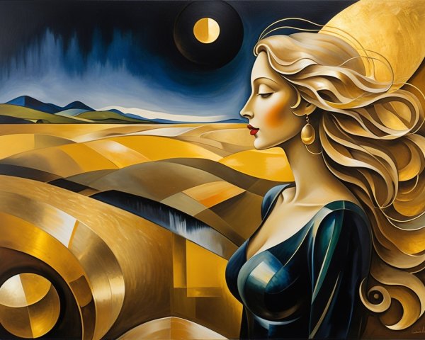 Serene Woman in Golden Landscape with Dark Sky
