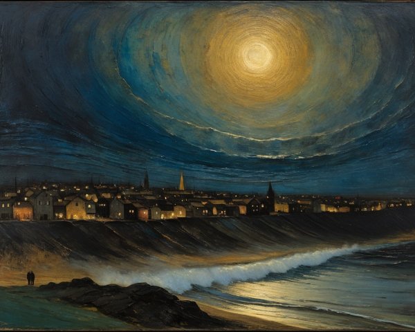 Serene Night Coastal Scene with Moon and Silhouettes