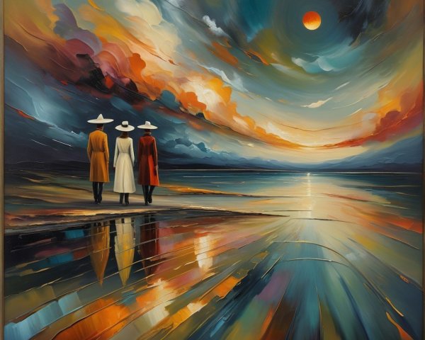Vibrant Abstract Landscape with Figures at Shoreline