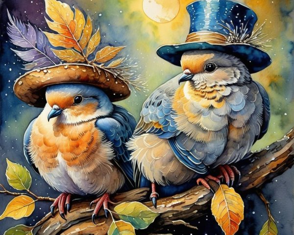 Plump Birds in Whimsical Hats Under Moonlit Sky
