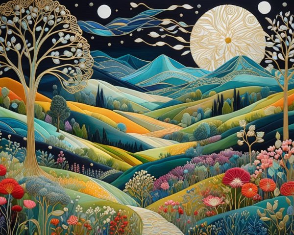 Vibrant Landscape with Rolling Hills and Starlit Sky