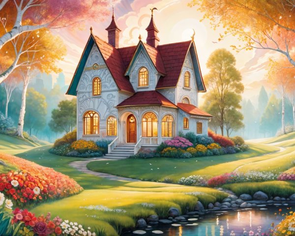 Whimsical Cottage in a Vibrant Natural Landscape
