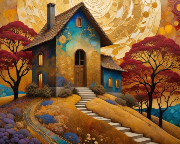 Whimsical House on Vibrant Hillside with Colorful Flora