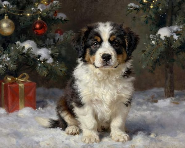 Puppy in Snow Under Christmas Tree with Ornaments