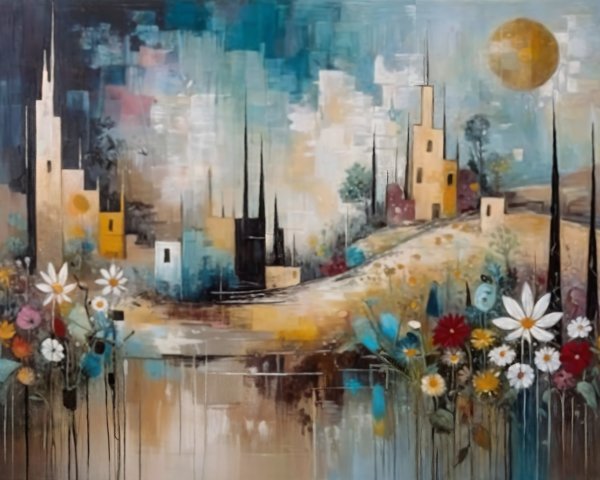 Vibrant Abstract Landscape with Whimsical Village