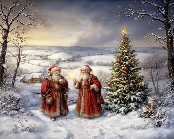 Santas in Red Robes in Snowy Christmas Landscape