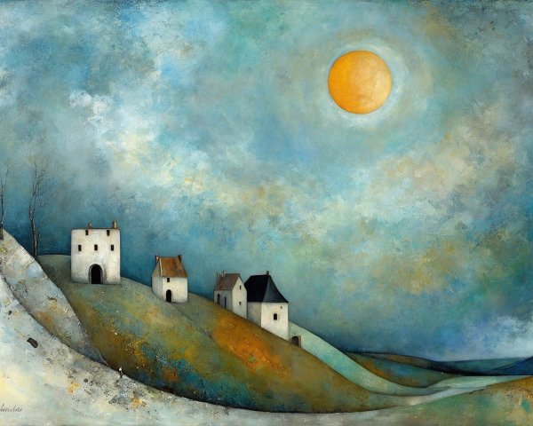 Serene Landscape with Abstract Houses and Hills