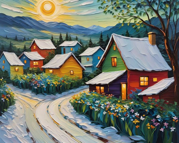 Impasto Painting of a Cozy Snowy Village Scene